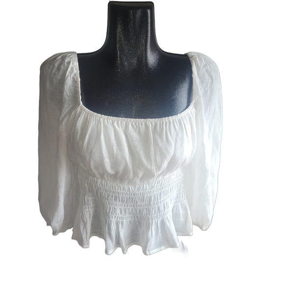 Mink Pink White Evelina Square Neck and Smocked Waistline Blouse L - Picture 2 of 7